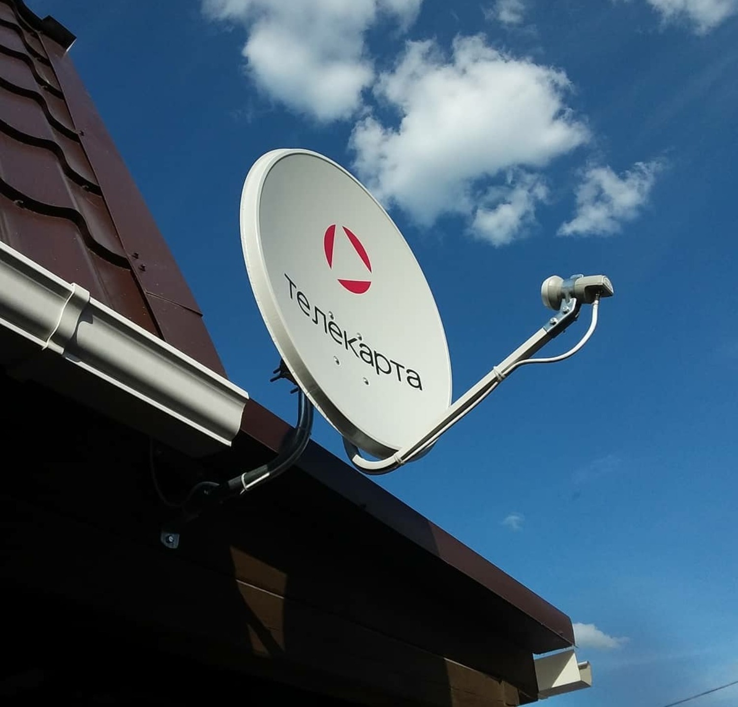На фотографии спутниковая  антенна с фирменным логотипом Телекарта, установленная на даче в СНТ Рыбачий, Колыванский район, новосибирский городской округ